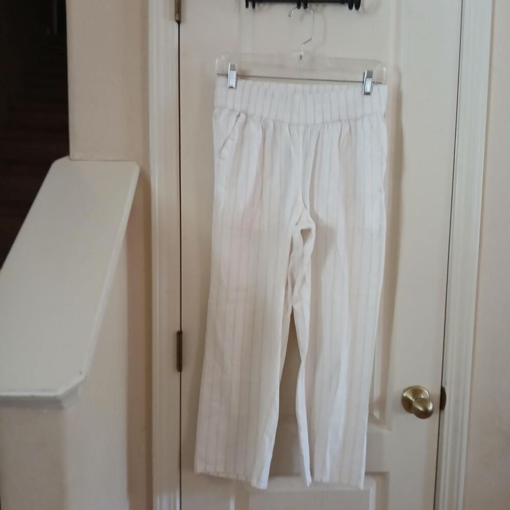 Aventura White Tan Striped Hemp Blend Cropped Pants S Old Money Coastal Granola